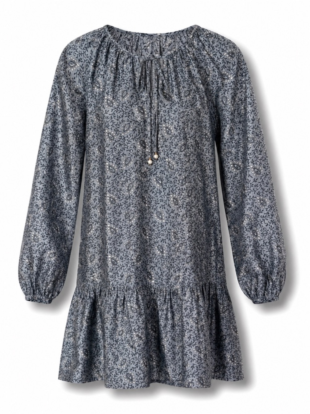 H&M Blue Floral Peasant Dress Tie Neck Long Sleeve Boho Mini